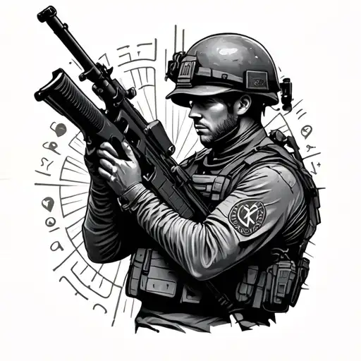 A unique black and grey tattoo of a soldier holding a rifle with intelligence symbols in the background tattoo design idea