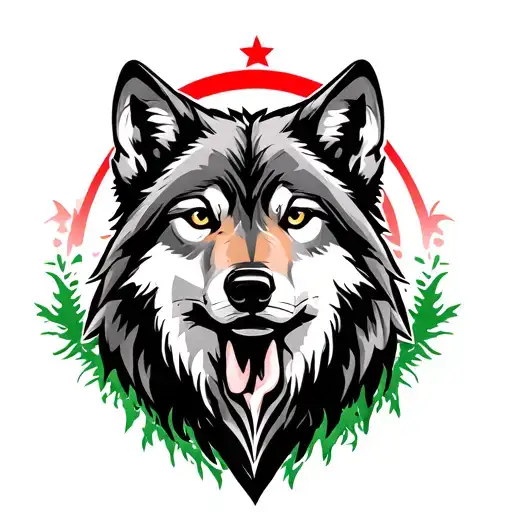 A powerful grey wolf stands in front, symbolizing Turkish heritage and pride. In the background, cascading lines of gree tattoo design idea