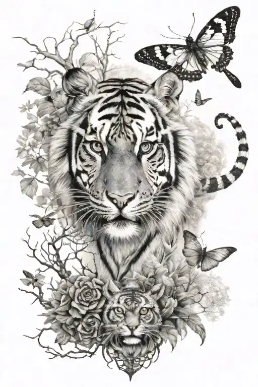 tiger & a Forrest & a big owl & dragonfly's into a dragon  tattoo design idea