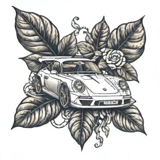 A coffee plant intertwined with a Porsche logo, symbolizing the client's passion for both coffee and luxury cars tattoo design idea