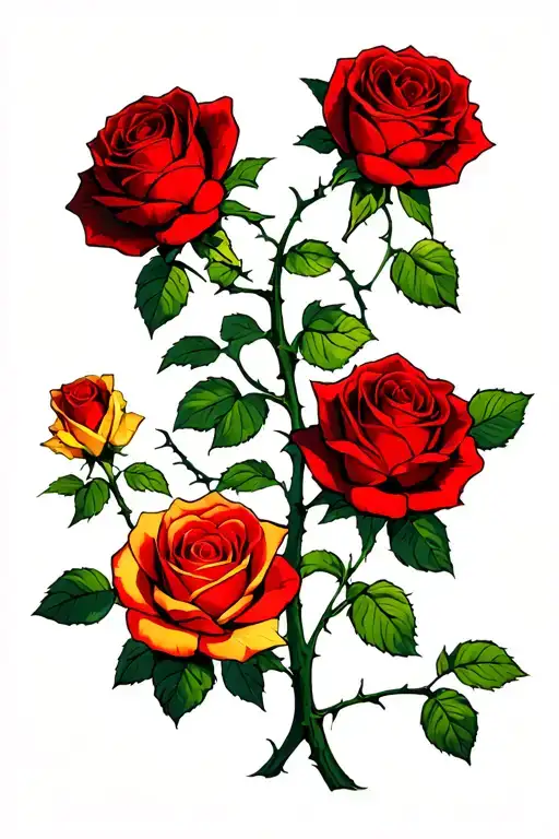 a vine with 2 large stems and thorns, which have 4 large red roses, 2 small red ones and 1 yellow rose tattoo design idea