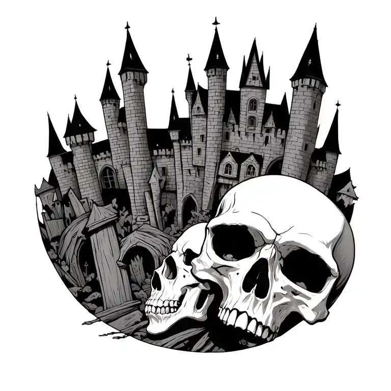  vampires castles and skull graveyard scene tattoo design idea