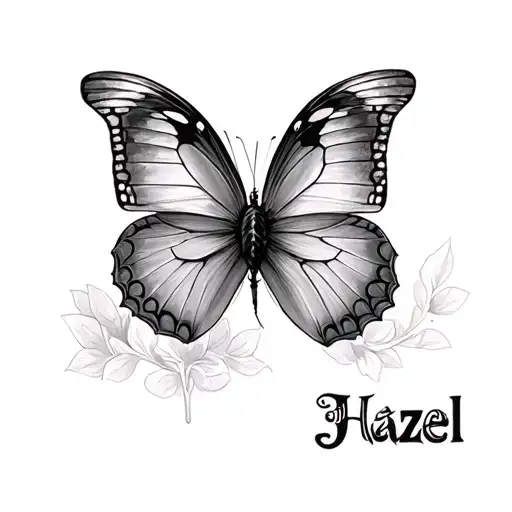A black and grey portrait of a butterfly with the name Hazel subtly hidden within the wings tattoo design idea