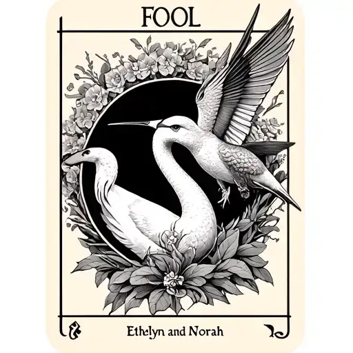 Fool tarot card, names Ethelyn and Norah, wyvern, swan, hummingbird all black with shading tattoo design idea