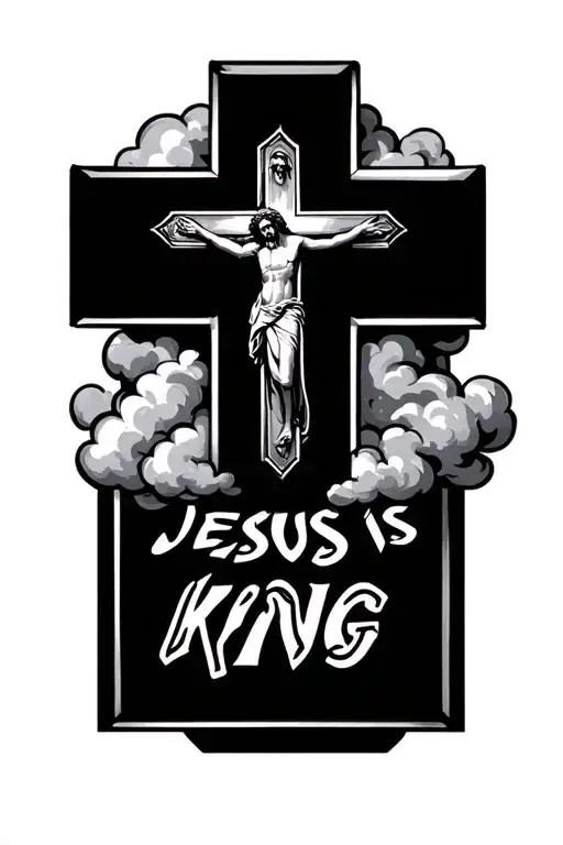 a boxed shaped cross with jesus is king in vertical-horizontal word style with cloud shading around it  tattoo design idea