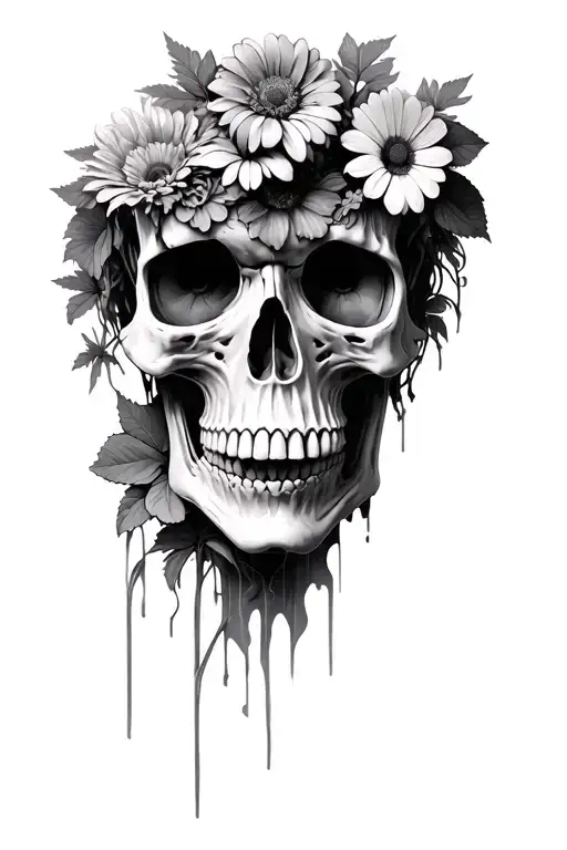 flowers growing from zombie head skull covered in flowers  tattoo design idea