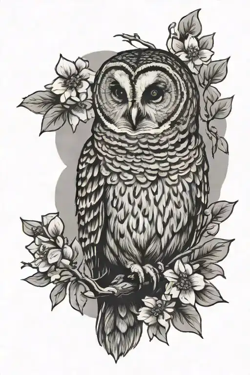 barred owl and dogwood flower blooming tattoo design idea