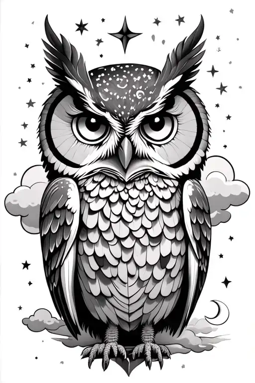 owl as a center piece featuring stars, clouds, and moons  tattoo design idea