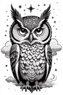 owl as a center piece featuring stars, clouds, and moons  tattoo design idea