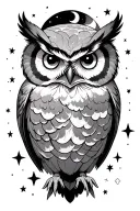 owl as a center piece featuring stars, clouds, and moons  tattoo design idea