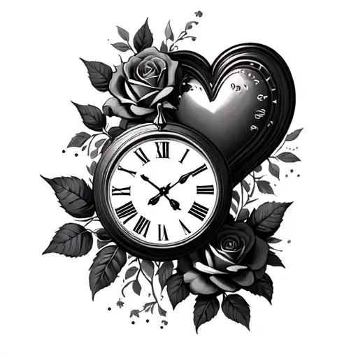 three heart clocks, times & dates, roses  tattoo design idea