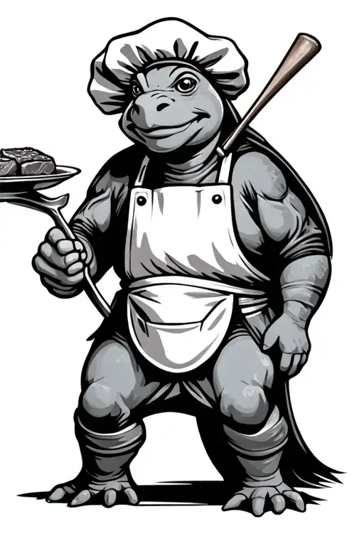 Chef Turtle with ladle, apron, and chef hat. shell is visible, and he's holding a plate with steak. tattoo design idea