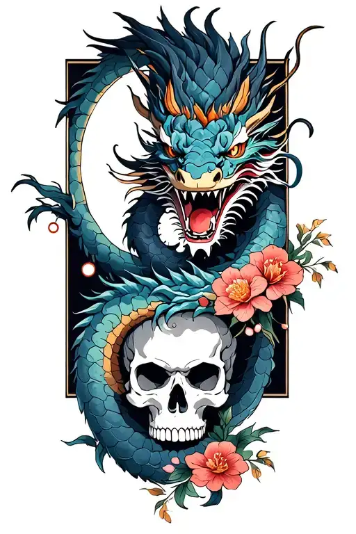 Japanese dragon ripping open to skull and Asian flowers and bell rap tattoo design idea