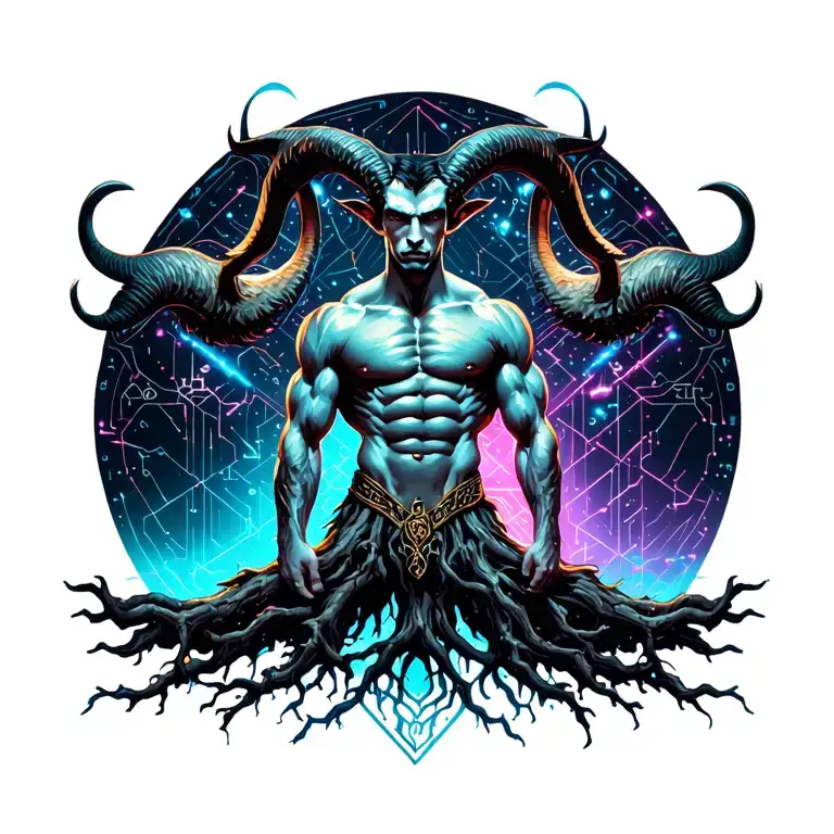 sexy gay male horned satyr with massive bodybuilder muscles flex. cyber tree roots, wild animals and constellations tattoo design idea