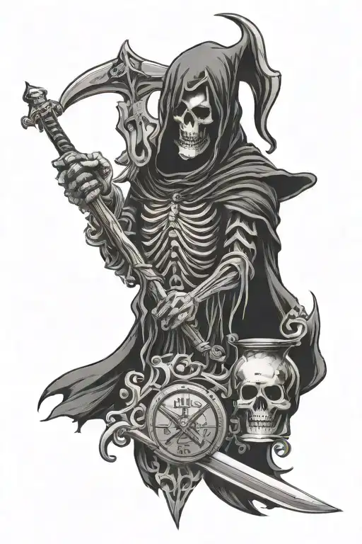 Grim Reaper Skeleton holding sword, include hourglass, viking helmet and raven tattoo design idea