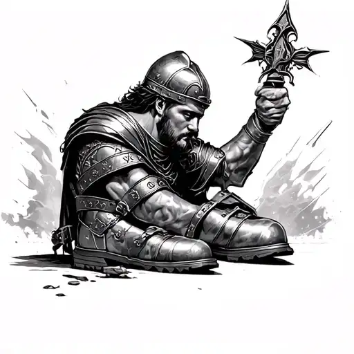 Roman soldier head down with lighting boots coming from finger tips tattoo design idea