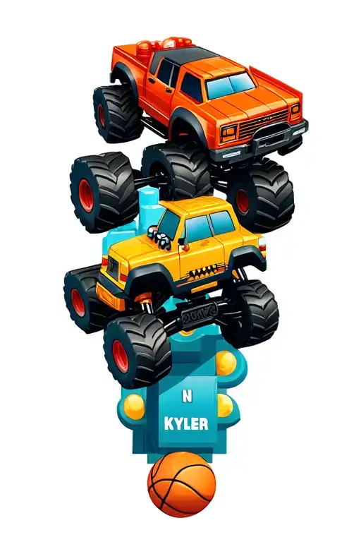 Kyler name inside toy blocks with toy monster trucks , basketball, drums around March 3rd 2022 3:36pm  tattoo design idea