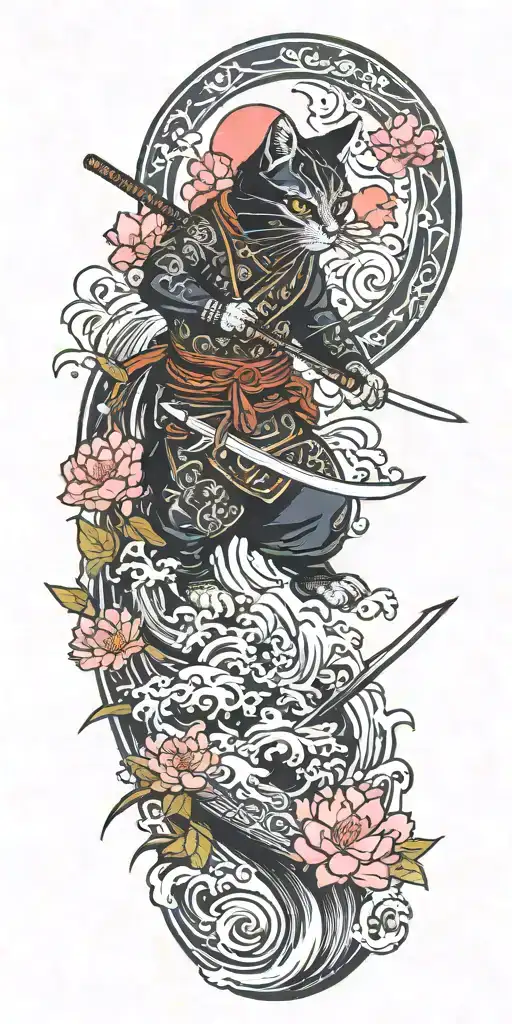 ninja cat surfing on a katana sword, tail, water, waves, lotus, sakura, clouds, whirlpool, leaves, peony tattoo design idea