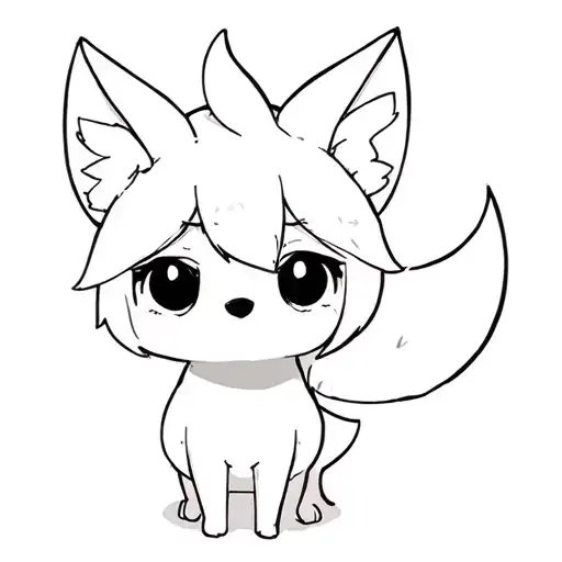 Minimalist anime chibi fox, clean black outline only, no shading or fills, simple big eyes and curled tail, 1-inch tatto tattoo design idea