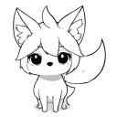 Minimalist anime chibi fox, clean black outline only, no shading or fills, simple big eyes and curled tail, 1-inch tatto tattoo design idea