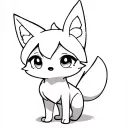 Minimalist anime chibi fox, clean black outline only, no shading or fills, simple big eyes and curled tail, 1-inch tatto tattoo design idea