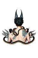whole back tatoo with angels devils and a large snake throughout the whole tattoo tattoo design idea