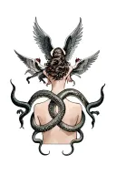 whole back tatoo with angels devils and a large snake throughout the whole tattoo tattoo design idea