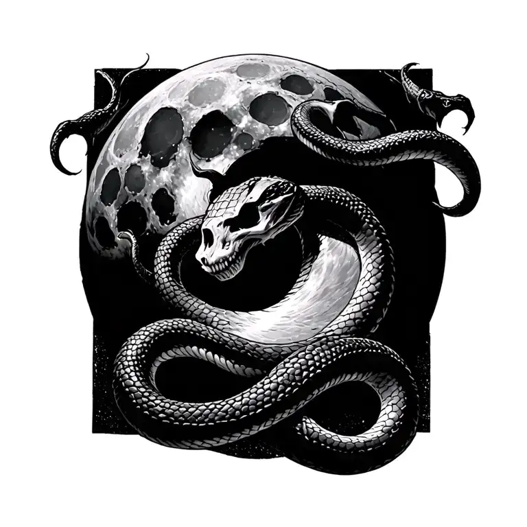 A death eater-style snake wraps around the full moon tattoo design idea
