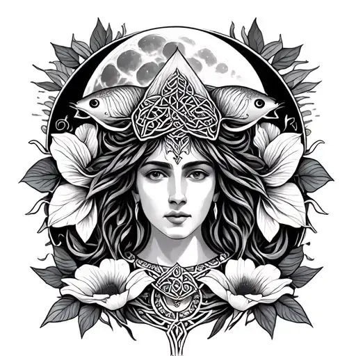 Celtic Goddess, Danu. Surrounded by Salmon, the moon and Moonflowers tattoo design idea