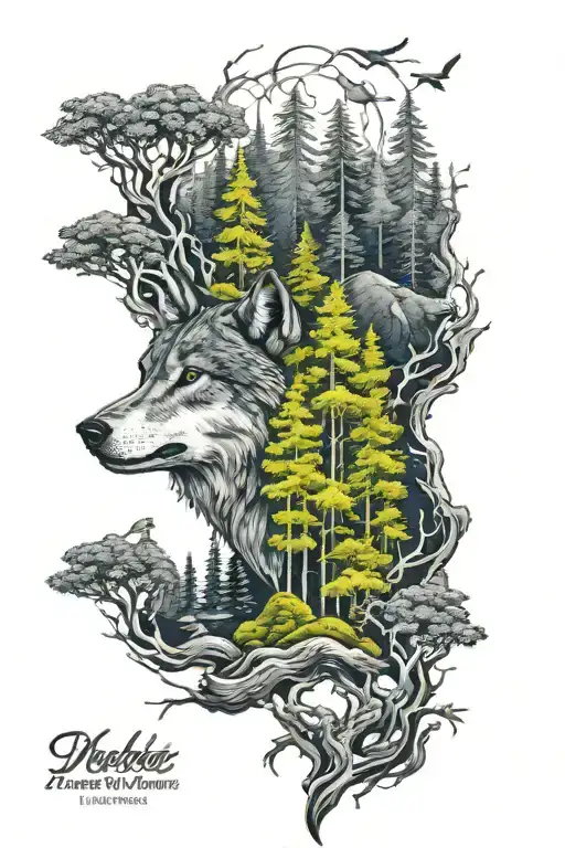 wolf in howling forest scene tattoo design idea