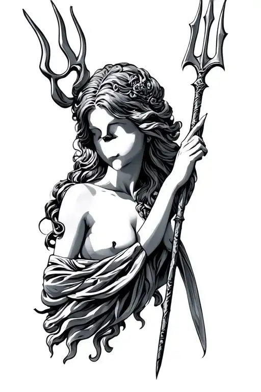 woman statue holding trident tattoo design idea
