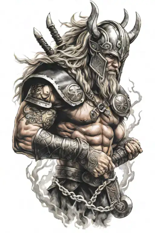 viking warrior, thor hammer and lightning bolts tattoo design idea