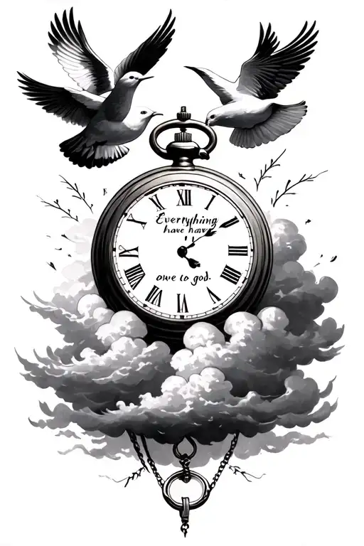 clouds with two doves flying. a pocket watch surrounded. the verse "everything I have I owe to god." in the tattoo tattoo design idea