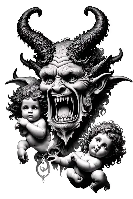 demon head with cherub tattoo design idea