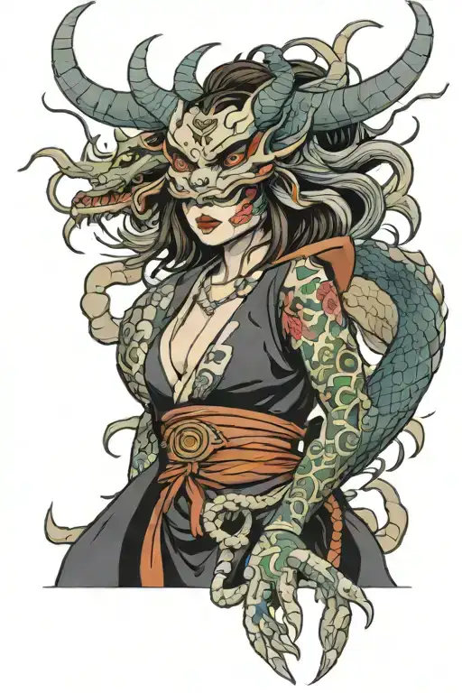 female with oni mask and dragon wrapped tattoo design idea