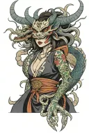 female with oni mask and dragon wrapped tattoo design idea