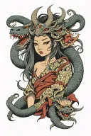 female with oni mask and dragon wrapped tattoo design idea