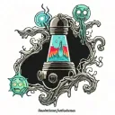 A realistic lava lamp with a hidden image of Rick and Morty inside the glowing liquid tattoo design idea