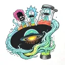 A realistic lava lamp with a hidden image of Rick and Morty inside the glowing liquid tattoo design idea