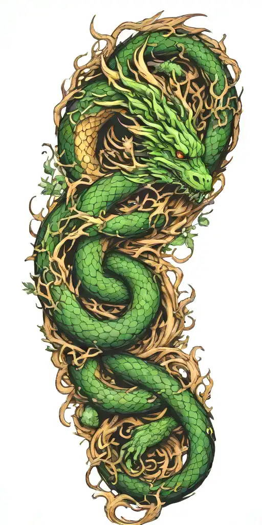 dragon intertwined with elements of wood, forest and nature tattoo design idea