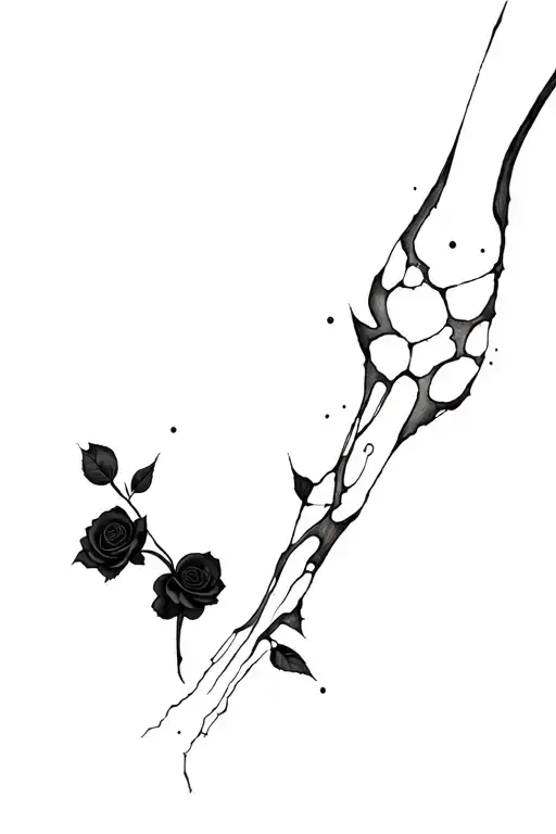 Forearm tattoo: cracked femur with black rose growing through, subtle cellular patterns, fine line shading, dark surreal tattoo design idea