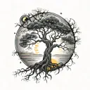 world's tree with sun and moon merging together tattoo design idea