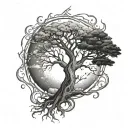 world's tree with sun and moon merging together tattoo design idea