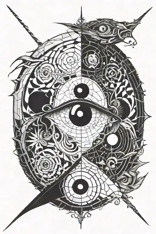 dark side yin yang scary eyes eyes, light look through a child's eye tattoo design idea