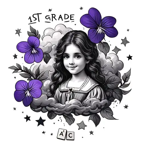 violets and clouds surroudning with stars and abc blocks to represent 1st grade teacher tattoo design idea