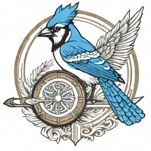 blue jay man in the style of a Roman warrior. Broad sword. Round shield that has the Toronto Blue Jays logo pressed in tattoo design idea