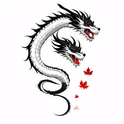 long black Japanese Dragon slithering back and forth, towering over samurai, red highlights, and red maple leafs tattoo design idea