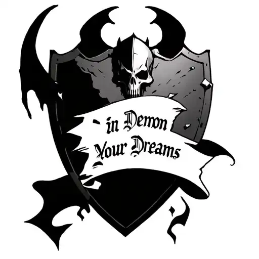 A midevil dark grimreaper design with a broken shield with demon in your dreams written on the shield and a ribbon on th tattoo design idea