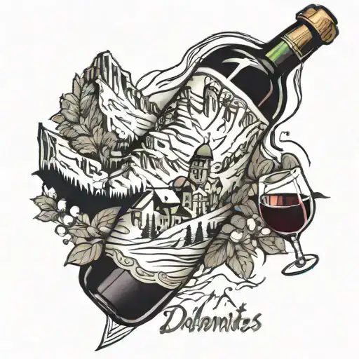Dolomites and skiing wine bottle tattoo design idea