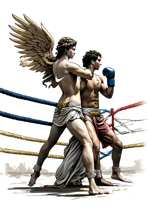 Nike, The greek goddess of victory watching over a muay thai fighter standing on the corner of the ropes after winning tattoo design idea
